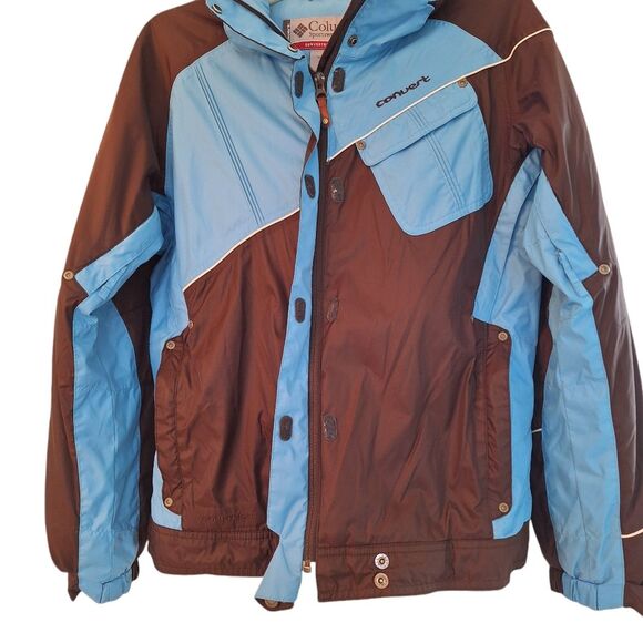 Columbia Women’s Convert Boardwear Snowboard Ski Jacket Brown Blue Snap Hood Med - Picture 12 of 16